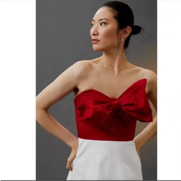 ANTHROPOLOGIE Bow Tie Maxi Dress Flounce Hem Strapless Red White Hutch NWT - Picture 3 of 8